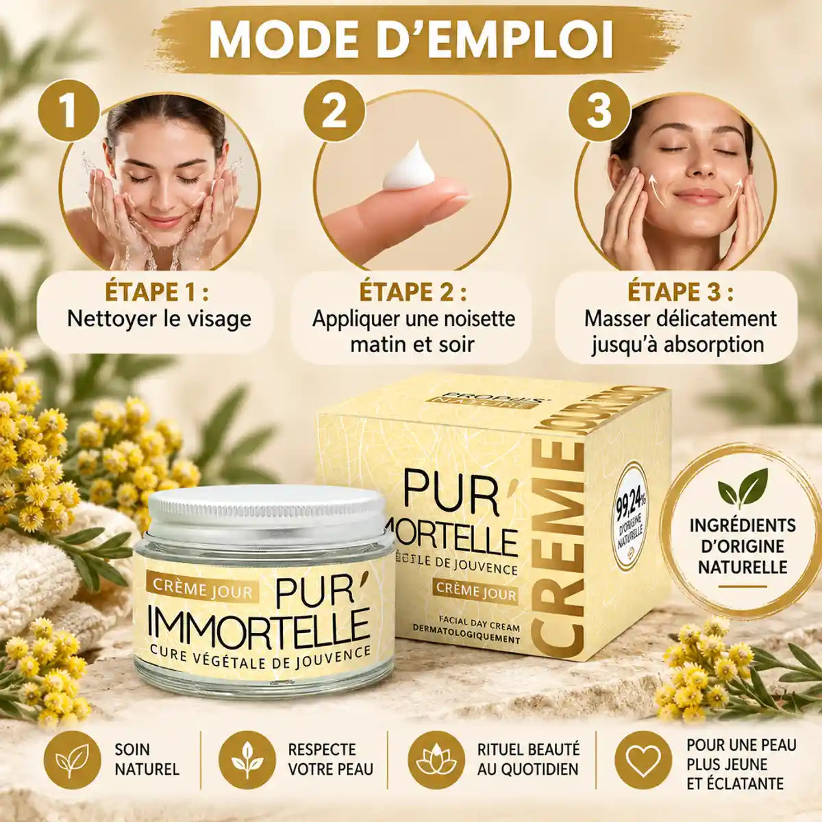Crème de jour bio Pur'Immortelle 50ml avec guide d'application étapes visage naturel