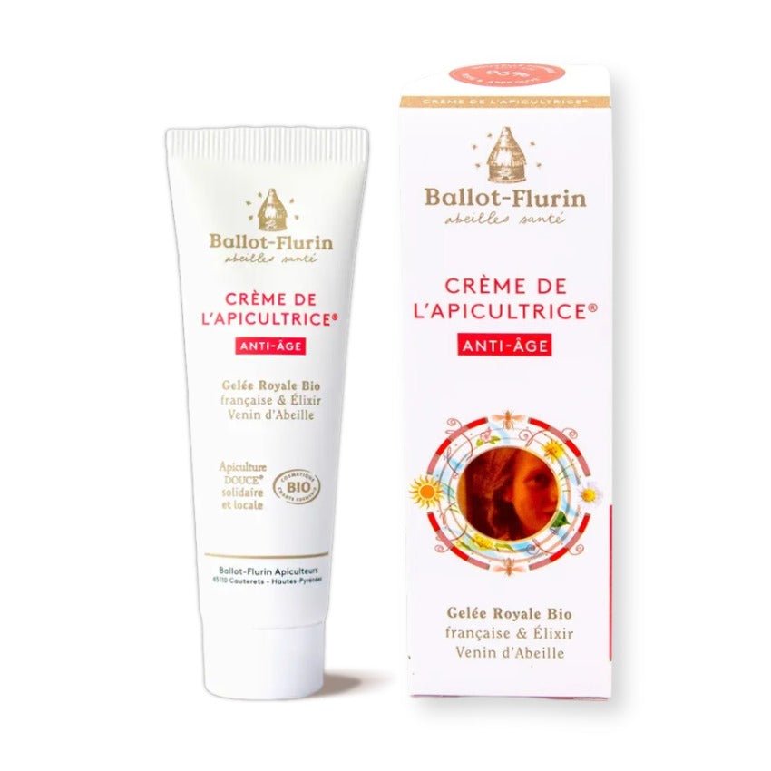Un tube de crème de l'Apicultrice anti-âge bio de 30 ml de Ballot-Flurin posé à côté de son emballage