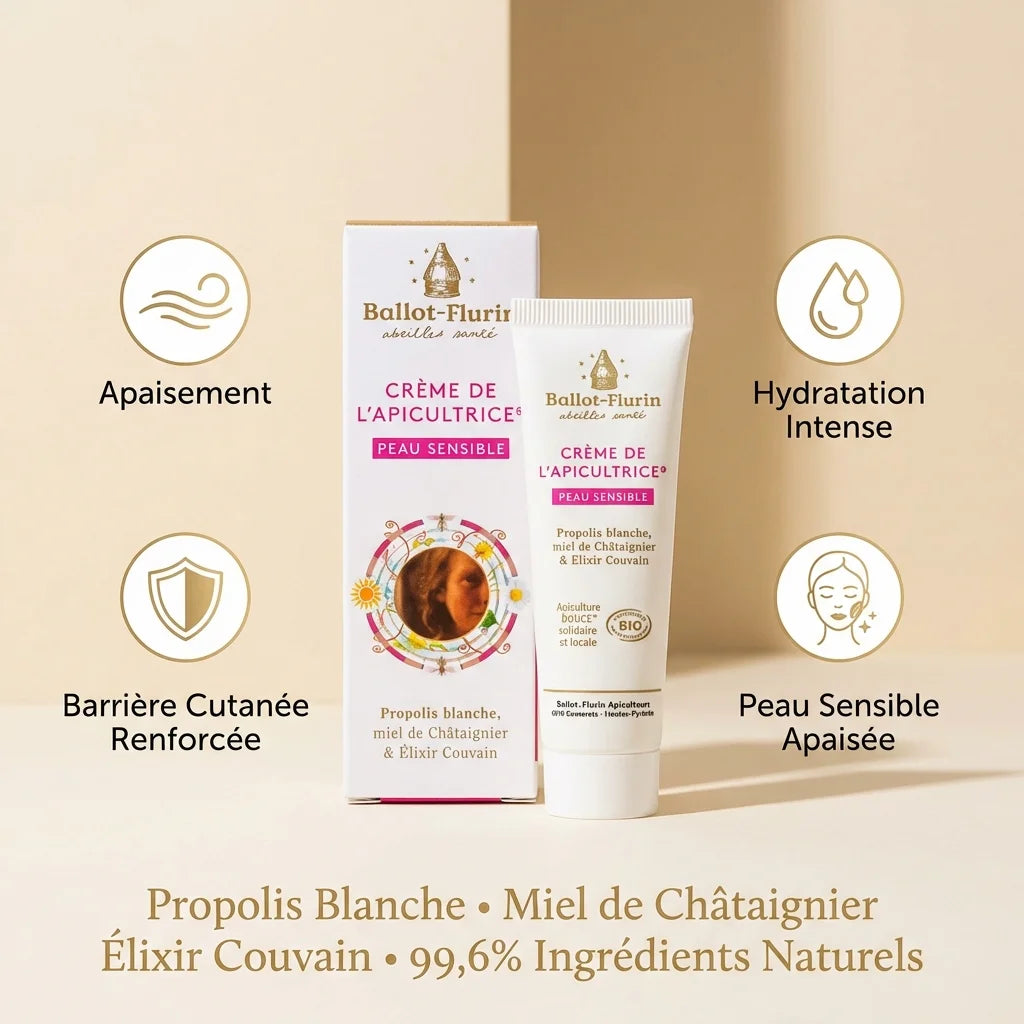 Crème de l'Apicultrice Peau Sensible Bio Ballot-Flurin 30ml avec bénéfices et ingrédients naturels