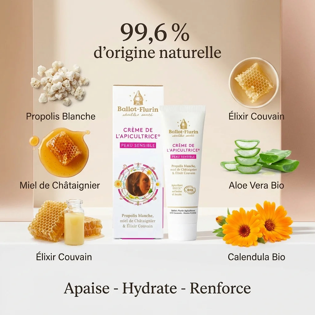 Crème de l'apicultrice Peau Sensible Bio Ballot-Flurin 30ml avec propolis, miel et aloe vera