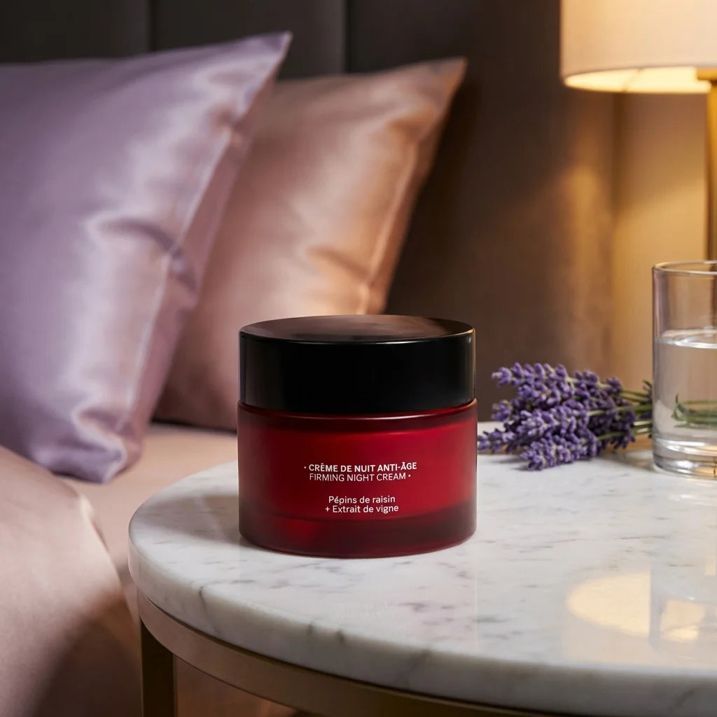 Crème de nuit anti-âge Andromée 50ml sur table de nuit en marbre, décoration luxe