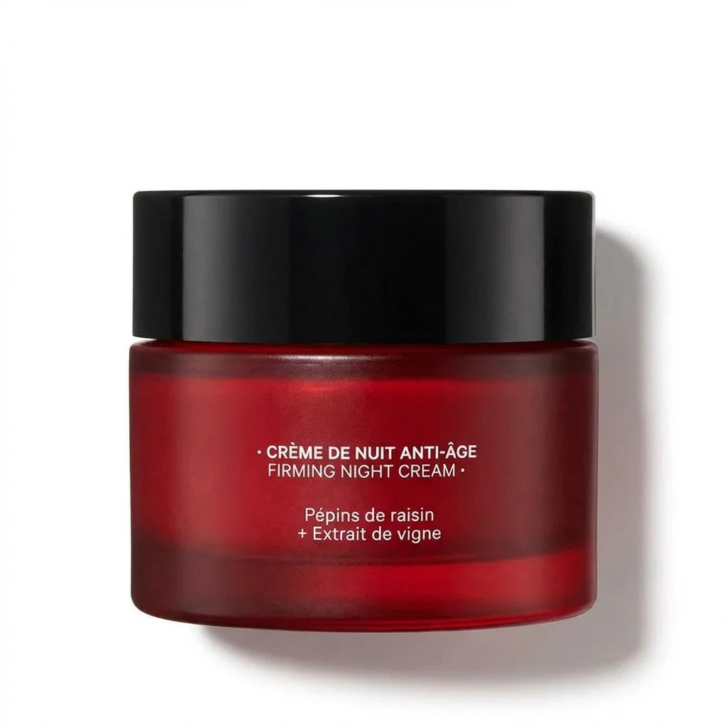 Crème de nuit anti-âge Andromée 50ml pot verre rouge fond blanc