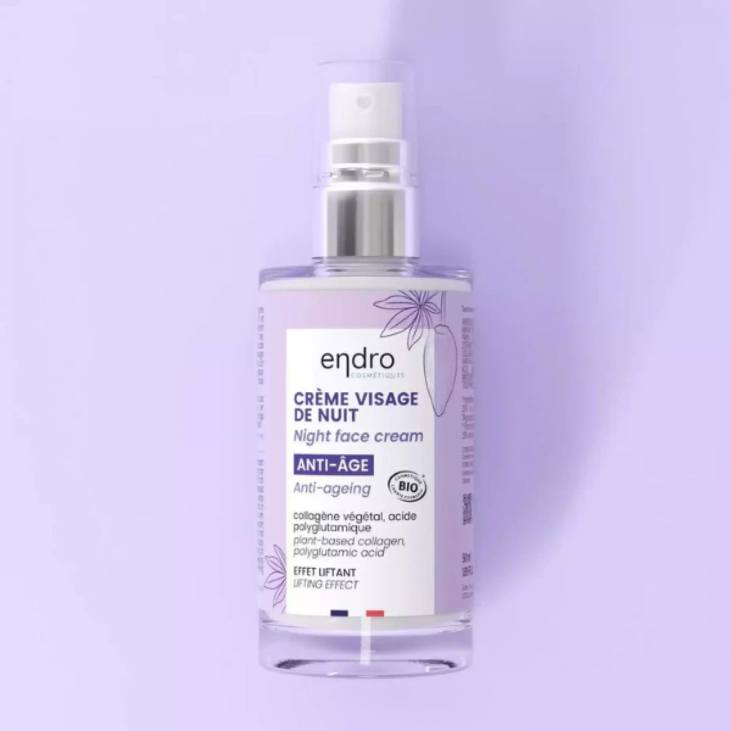 Une crème de nuit pour le visage anti-âge de la marque Endro sur un fond violet