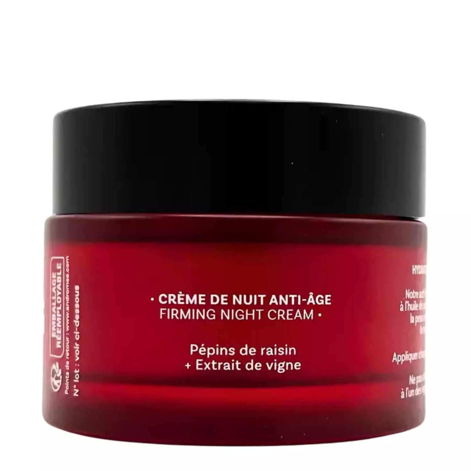 Un pot de crème de nuit anti-âge de la marque Andromée aux pépins de raisin et extrait de vigne