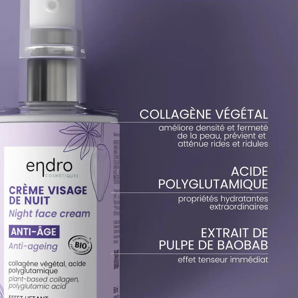 Composition de la crème de nuit pour le visage anti-âge de la marque Endro