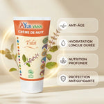 Crème de Nuit Tulsi AyurVana avec infographie bénéfices anti-âge et hydratation