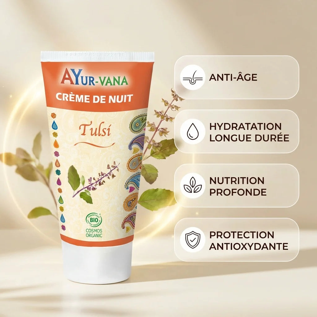 Crème de Nuit Tulsi AyurVana avec infographie bénéfices anti-âge et hydratation