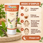 Tube de Crème de Nuit Tulsi AyurVana bio avec mode d'emploi en 4 étapes pour soin anti-âge du soir