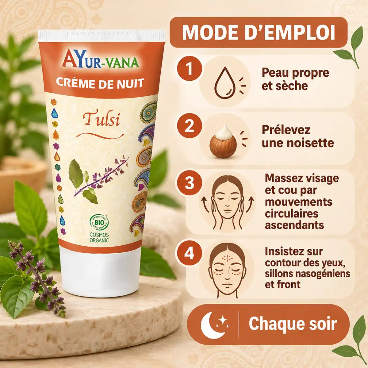 Tube de Crème de Nuit Tulsi AyurVana bio avec mode d'emploi en 4 étapes pour soin anti-âge du soir