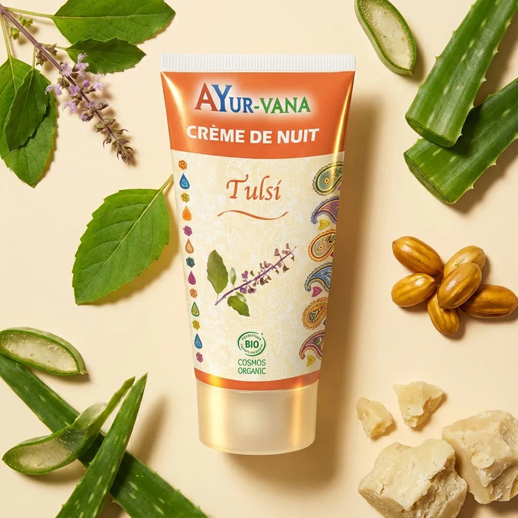 Crème de nuit Tulsi AyurVana bio avec ingrédients naturels aloe vera et karité