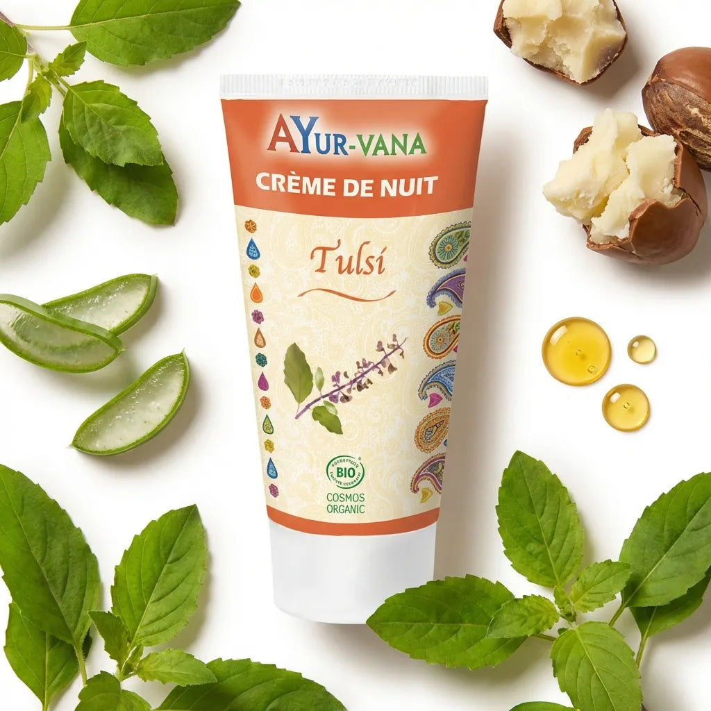 Crème de nuit Tulsi AyurVana avec tulsi, aloe vera et jojoba bio anti-âge