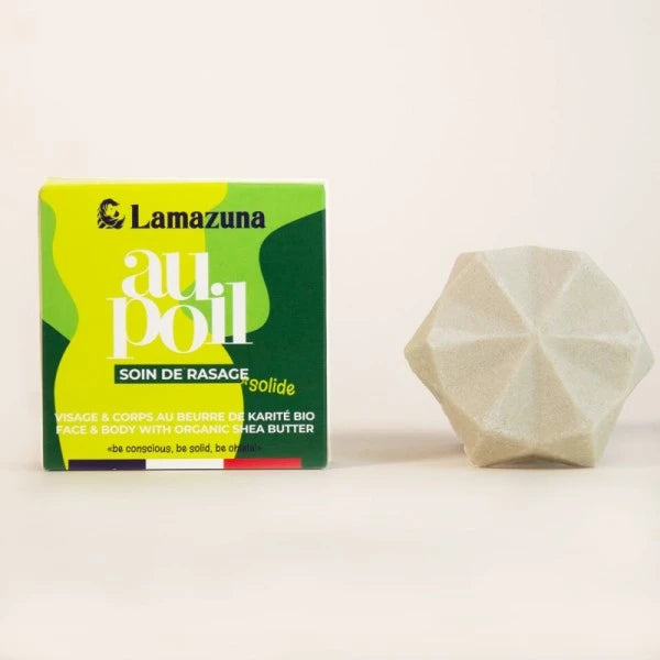 Un pain de 55 grammes de Crème à raser solide sans blaireau « Au Poil » Lamazuna