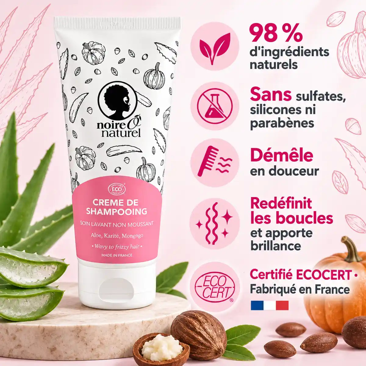 Crème de shampooing Noire Ô Naturel 200 ml pour cheveux frisés à crépus, sans sulfates ni silicones, fond botanique