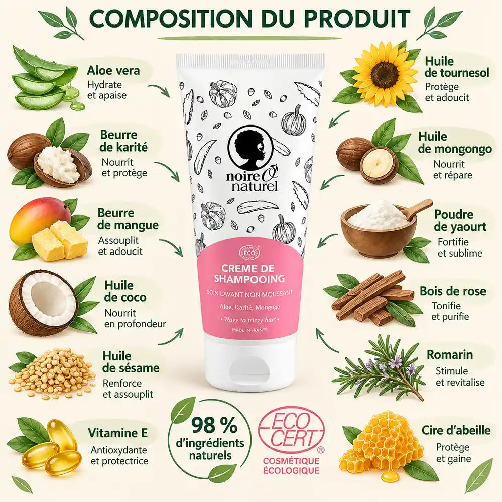 Crème de shampooing Noire Ô Naturel 200ml pour cheveux frisés et crépus, entourée des ingrédients naturels : aloe vera, beurre de karité, huile de coco