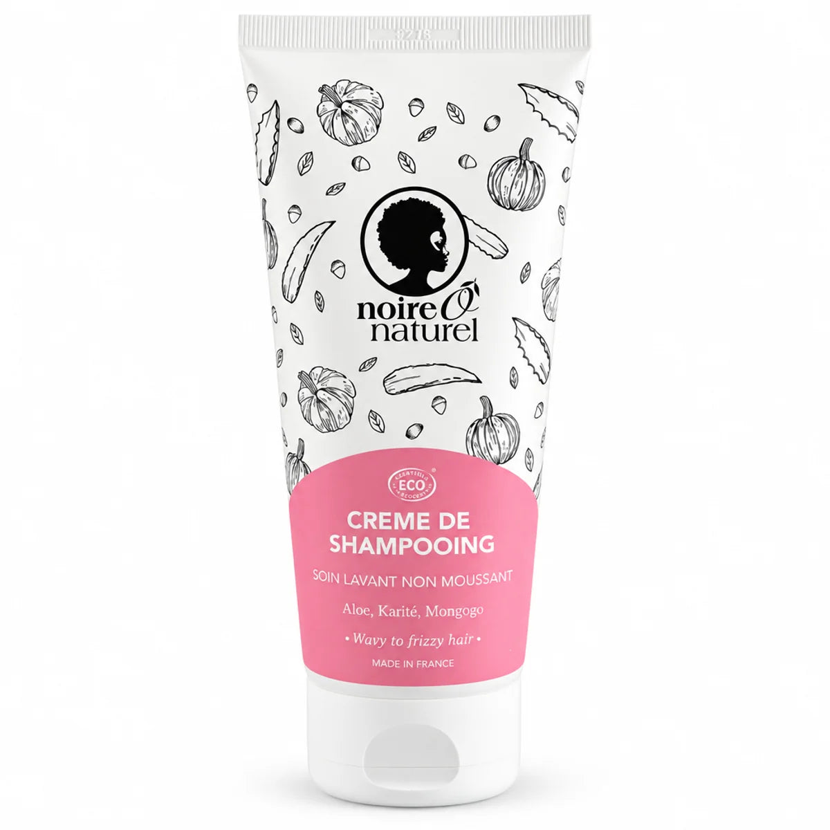 Tube blanc de Crème de Shampooing Noire Ô Naturel 200 ml pour cheveux frisés à crépus, label rose ECOCERT, fond blanc