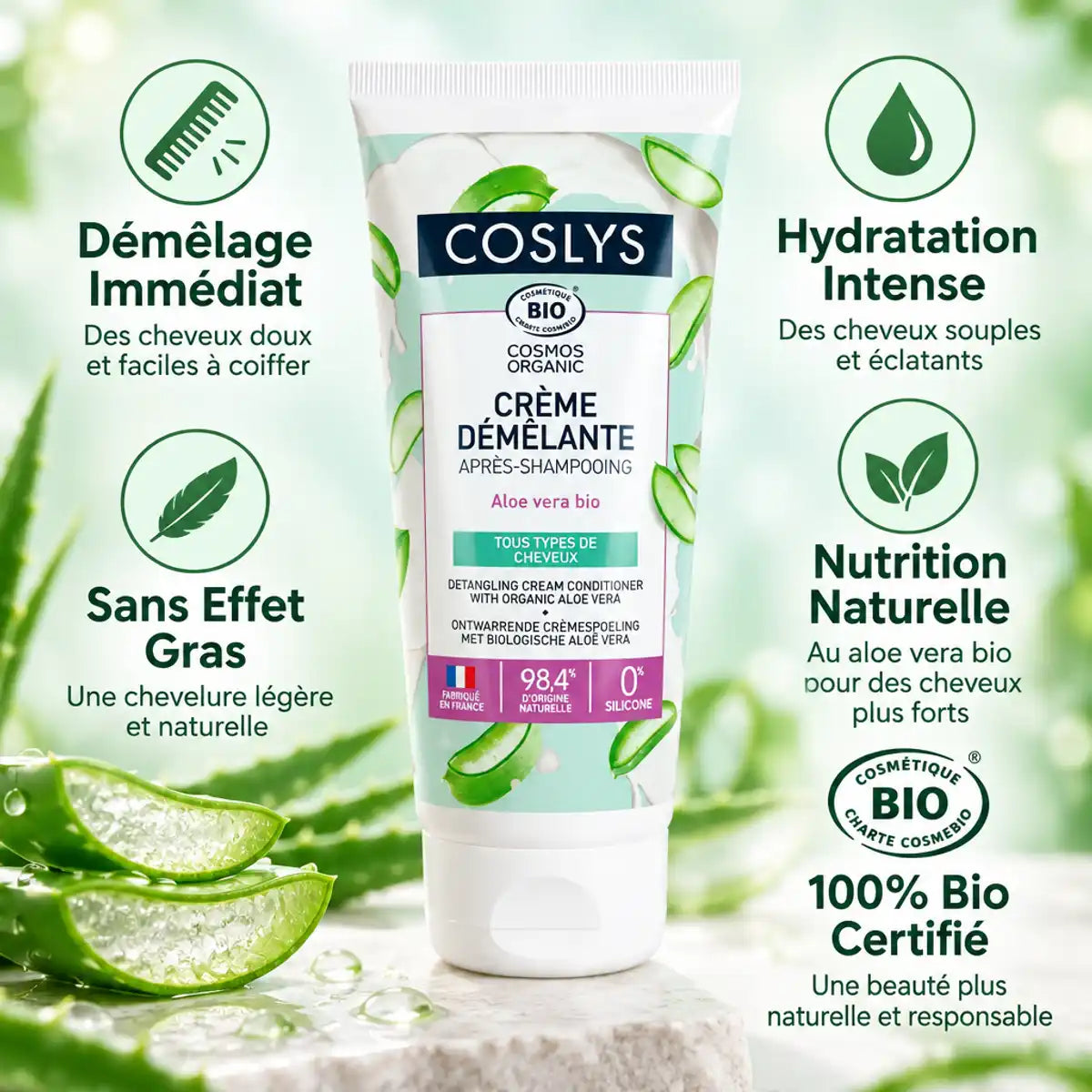 Crème démêlante bio Coslys 200ml avec bénéfices : démêlage, hydratation, certification COSMOS
