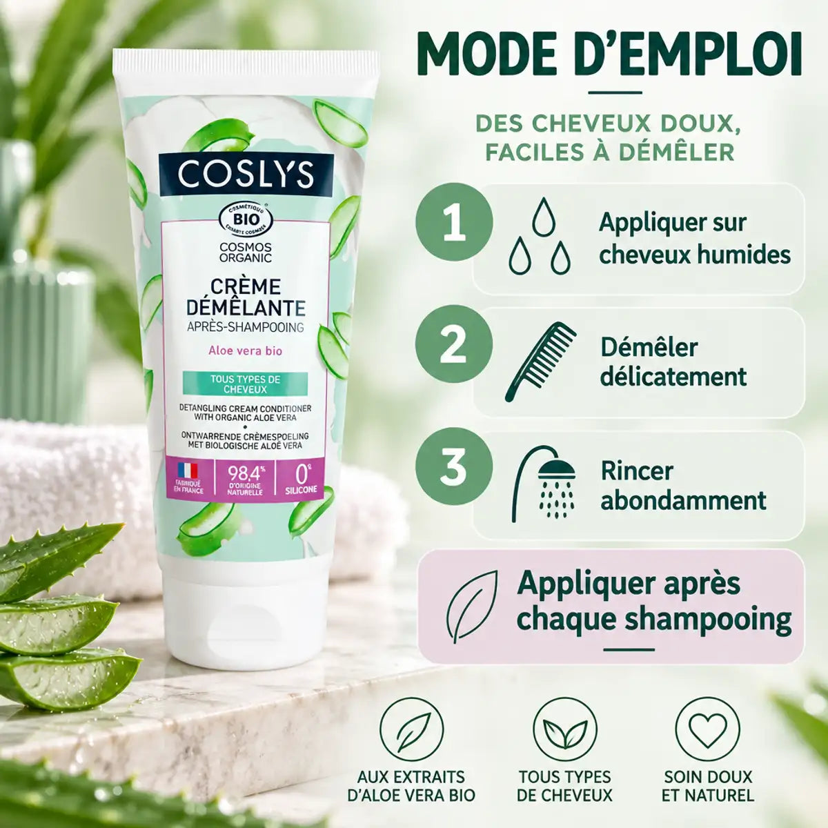 Crème démêlante bio Coslys 200ml avec mode d'emploi et étapes d'application sur fond blanc