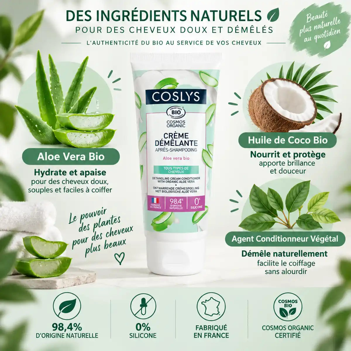 Crème démêlante bio Coslys 200ml avec aloe vera, huile de coco et agents conditionnants naturels
