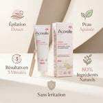 Crème dépilatoire Acorelle 150ml avec ses bénéfices : épilation douce, peau apaisée, résultats 3 minutes, ingrédients naturels