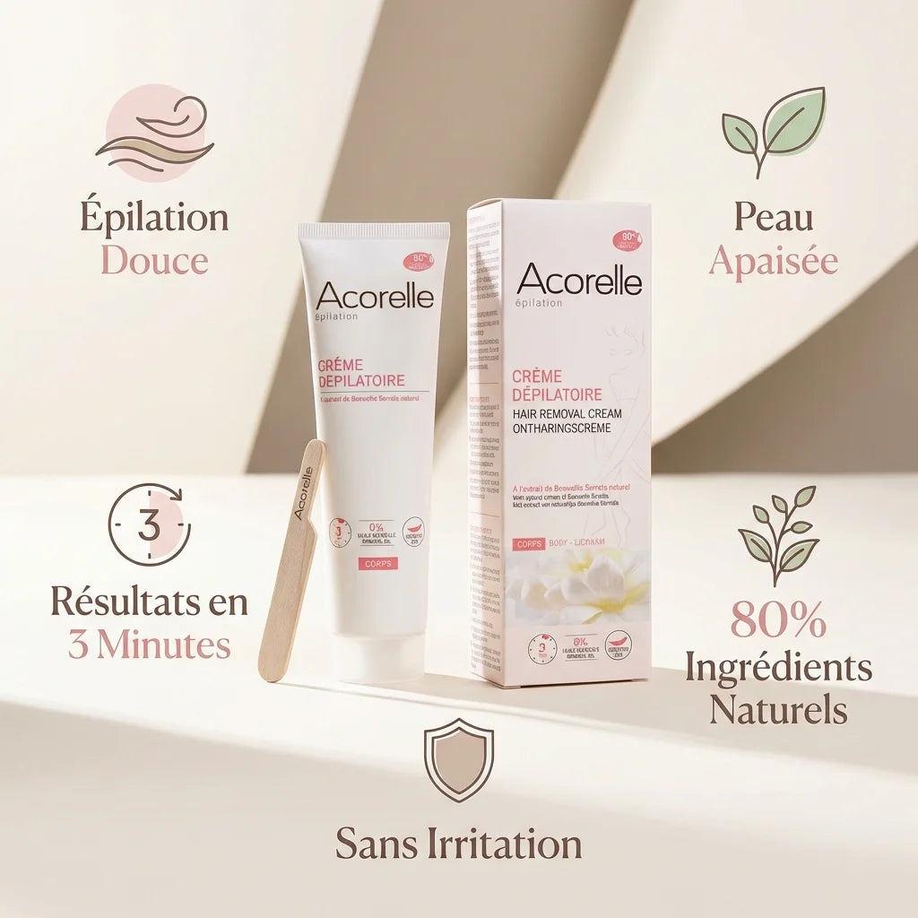 Crème dépilatoire Acorelle 150ml avec ses bénéfices : épilation douce, peau apaisée, résultats 3 minutes, ingrédients naturels