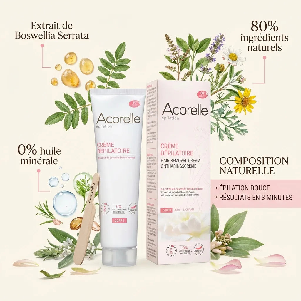 Crème dépilatoire Acorelle 150ml avec composition naturelle et ingrédients botaniques