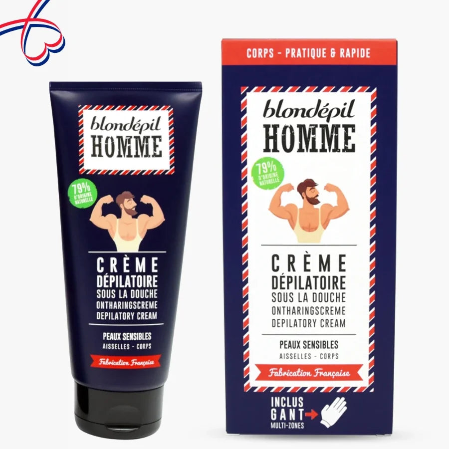 Un tube de Crème dépilatoire douche Blondépil Homme avec son étui en carton