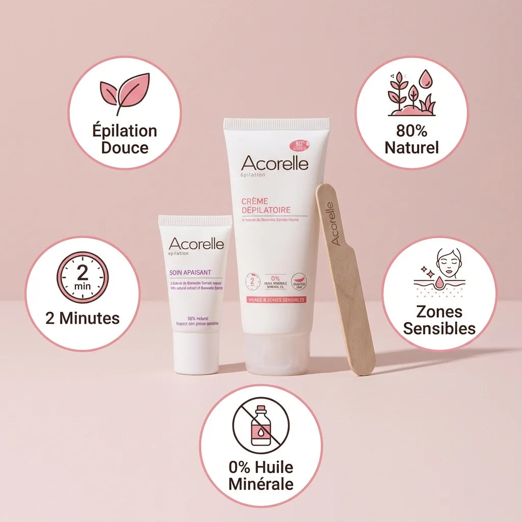 Crème dépilatoire Acorelle 75ml zones sensibles - épilation douce naturelle sans huile minérale