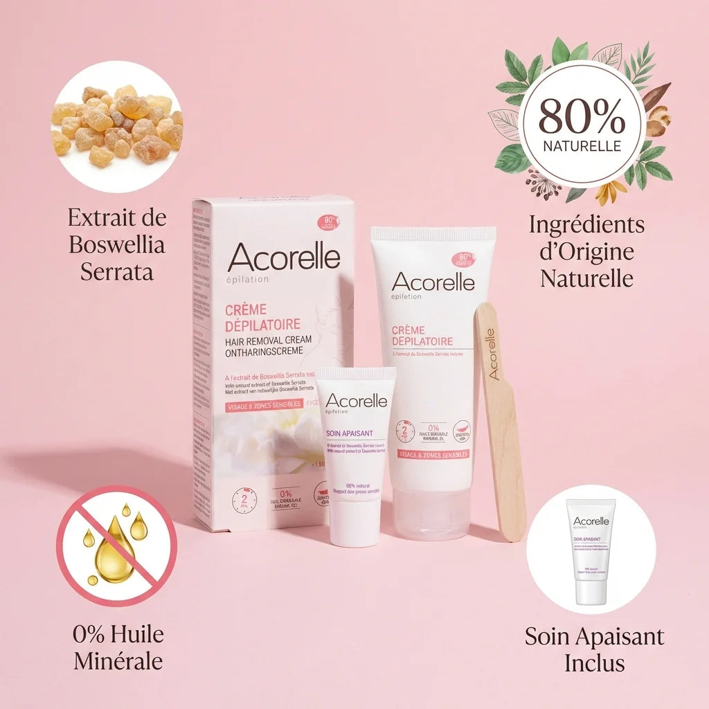 Crème dépilatoire Acorelle 75ml visage zones sensibles avec ingrédients naturels