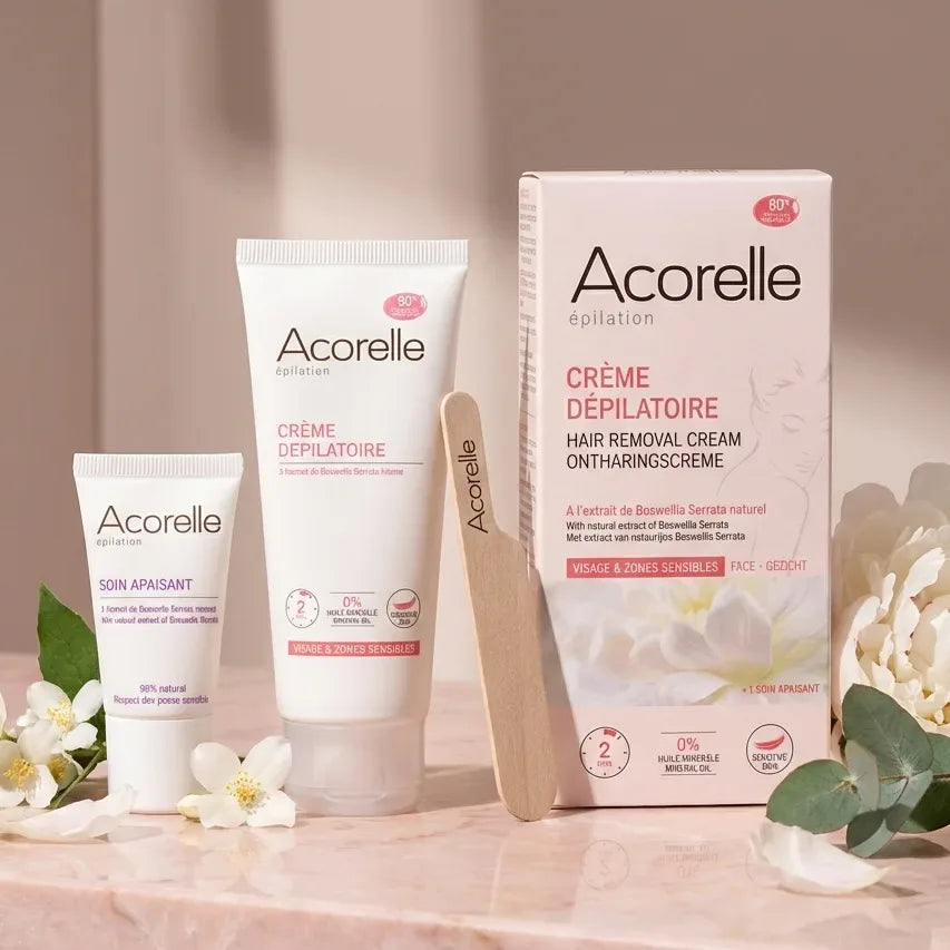 Crème dépilatoire Acorelle 75ml pour visage et zones sensibles sur marbre rose