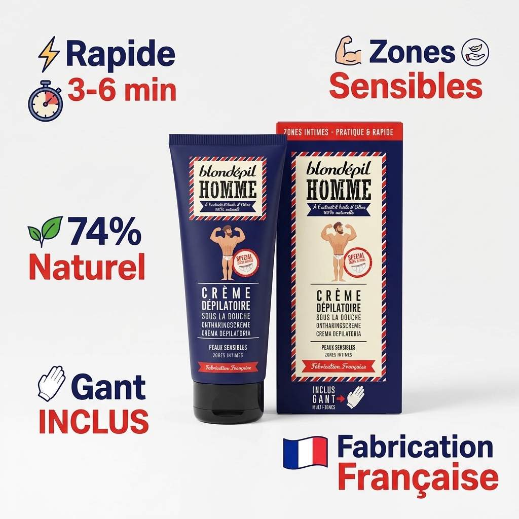 Crème dépilatoire Blondépil Homme zones intimes avec gant inclus, fabrication française naturelle