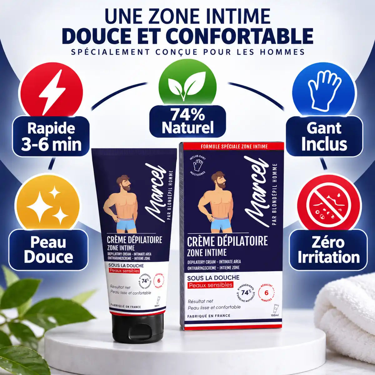 Crème dépilatoire Marcel Blondépil Homme avec gant, rapide et naturelle pour zones intimes