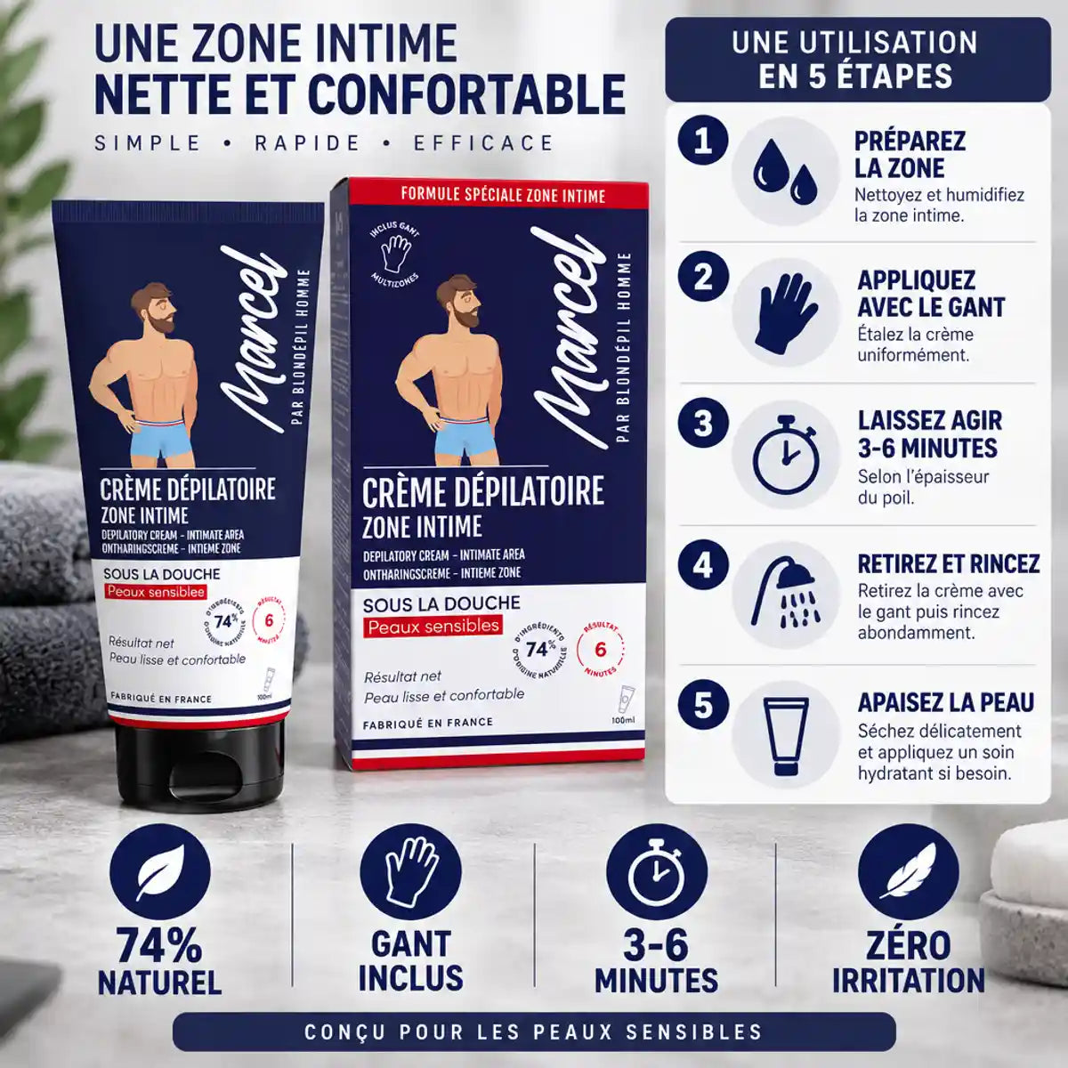 Crème dépilatoire Blondépil Homme avec gant et guide d'utilisation 5 étapes, 74% naturel