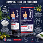 Crème dépilatoire Marcel Blondépil Homme avec gant applicateur et composition naturelle sur fond bleu