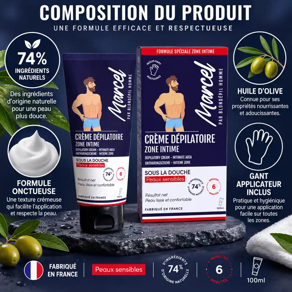 Crème dépilatoire Marcel Blondépil Homme avec gant applicateur et composition naturelle sur fond bleu