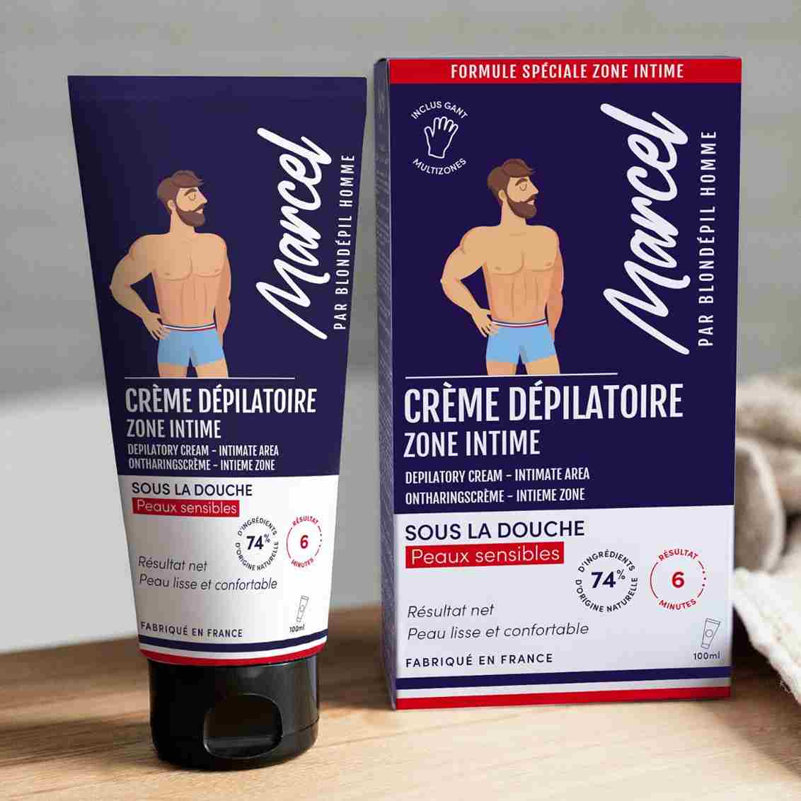 Un tube de crème dépilatoire pour zone intime de la marque Marcel par Blondepil
