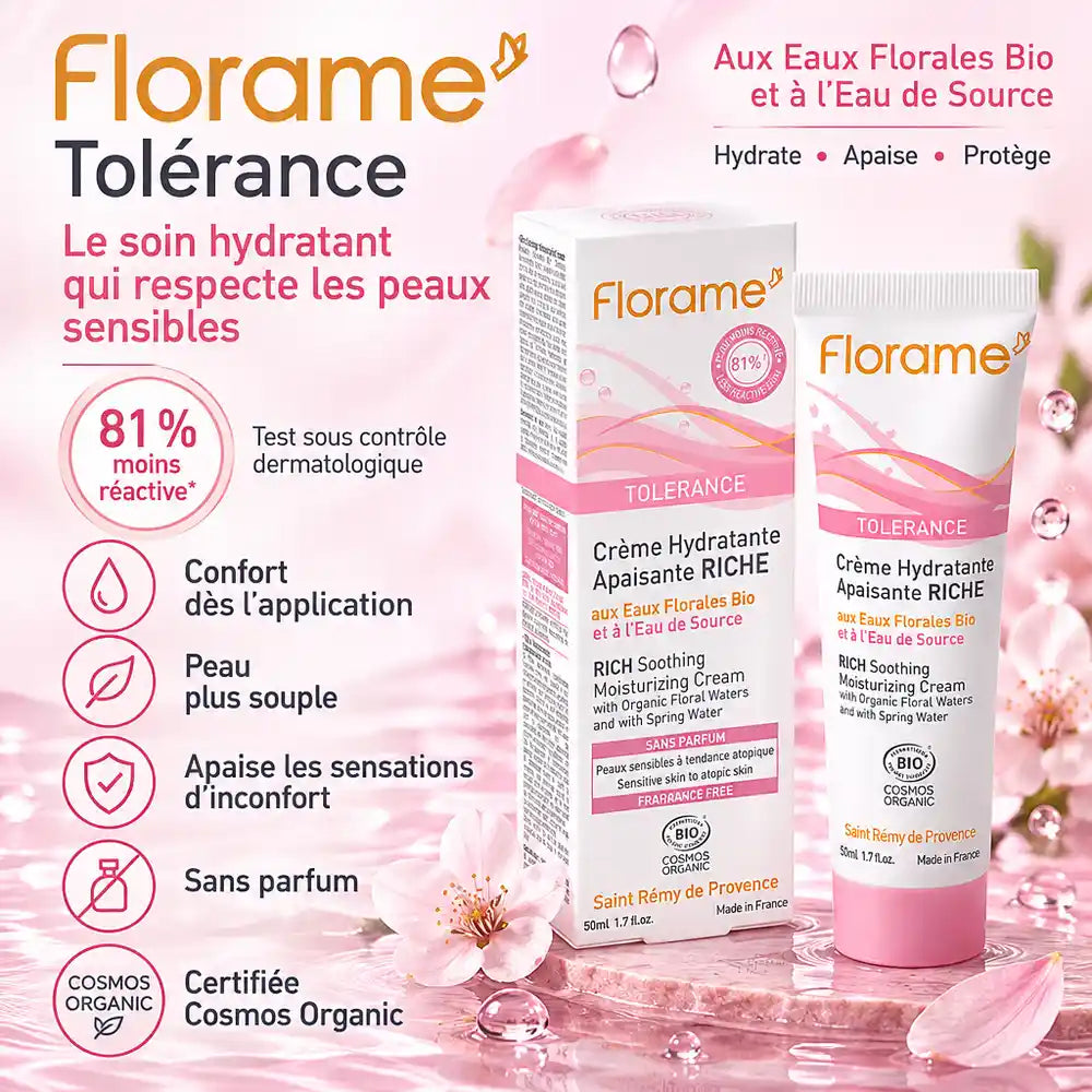 Crème hydratante apaisante Florame Tolérance bio 50 ml, packaging rose sur fond pastel, badges « Sans parfum » et « Certifiée Cosmos Organic »