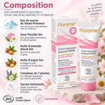 Crème hydratante apaisante riche bio Florame 50 ml à côté d'une infographie sur sa composition : eau de source, huile d'argan, complexe de 7 plantes