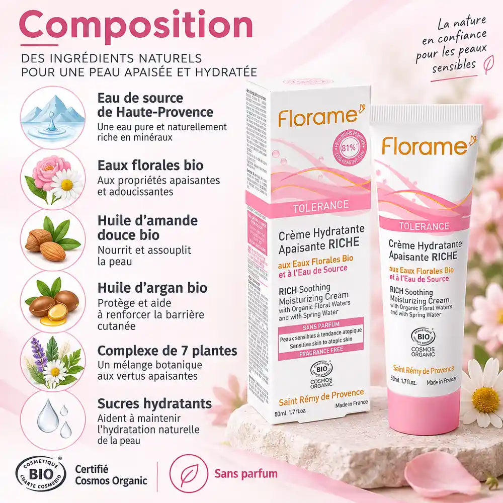 Crème hydratante apaisante riche bio Florame 50 ml à côté d'une infographie sur sa composition : eau de source, huile d'argan, complexe de 7 plantes