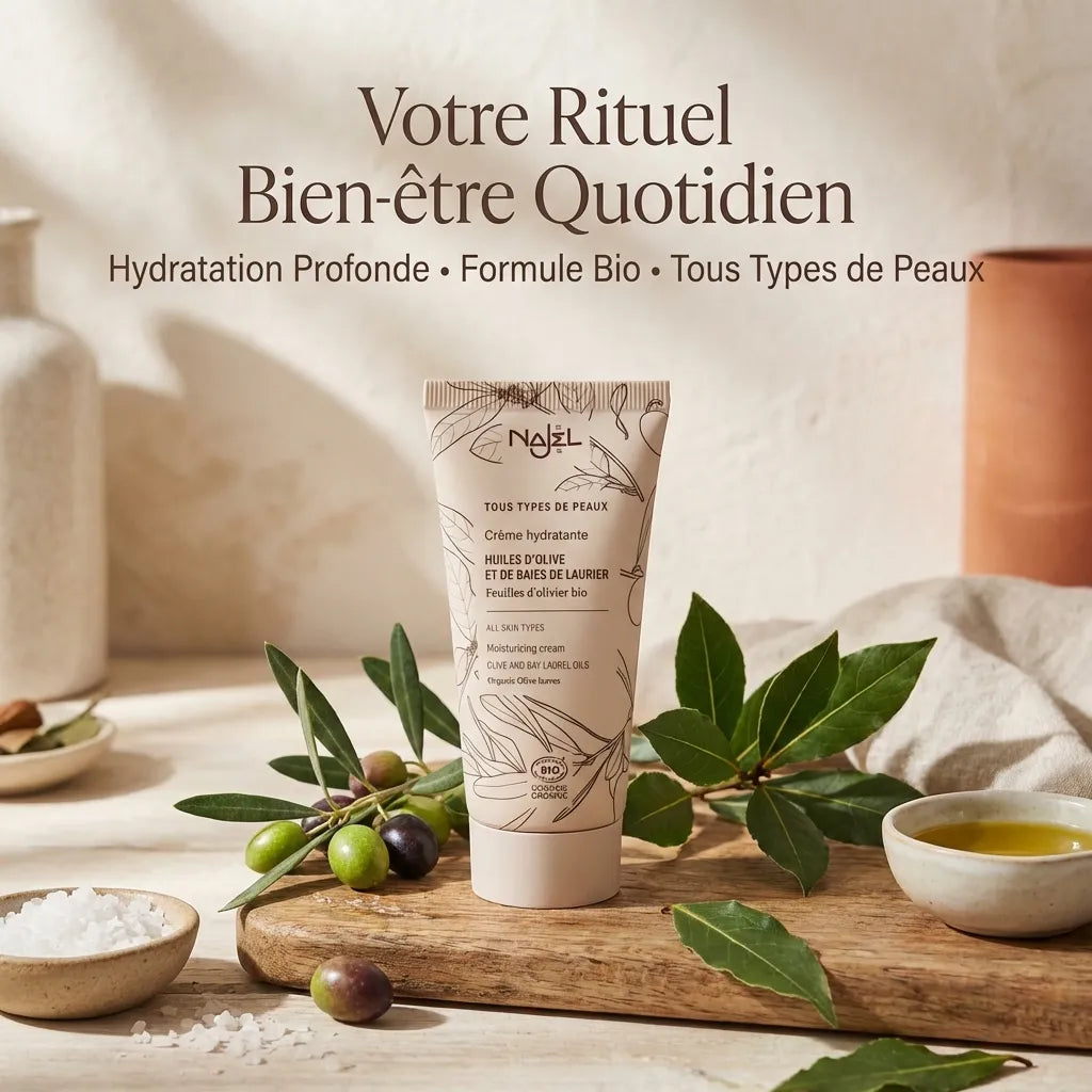 Crème hydratante bio Najel 50ml avec certification COSMOS sur vanity méditerranéen