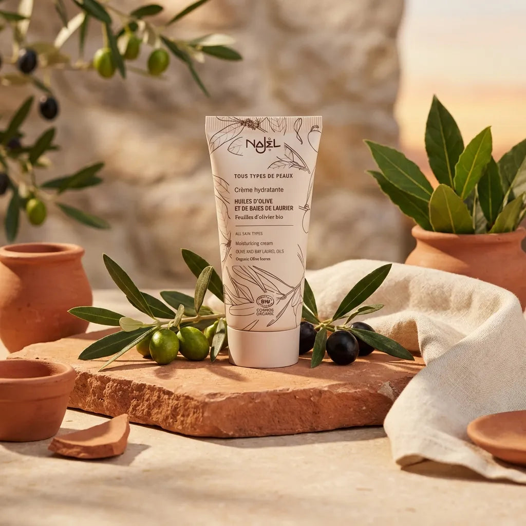 Crème hydratante bio Najel 50ml avec branches d'olivier et feuilles de laurier, ambiance méditerranéenne luxe