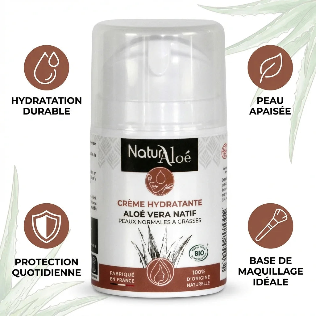 Crème hydratante bio Naturaloé 50 mL avec bénéfices hydratation, apaisement et protection quotidienne
