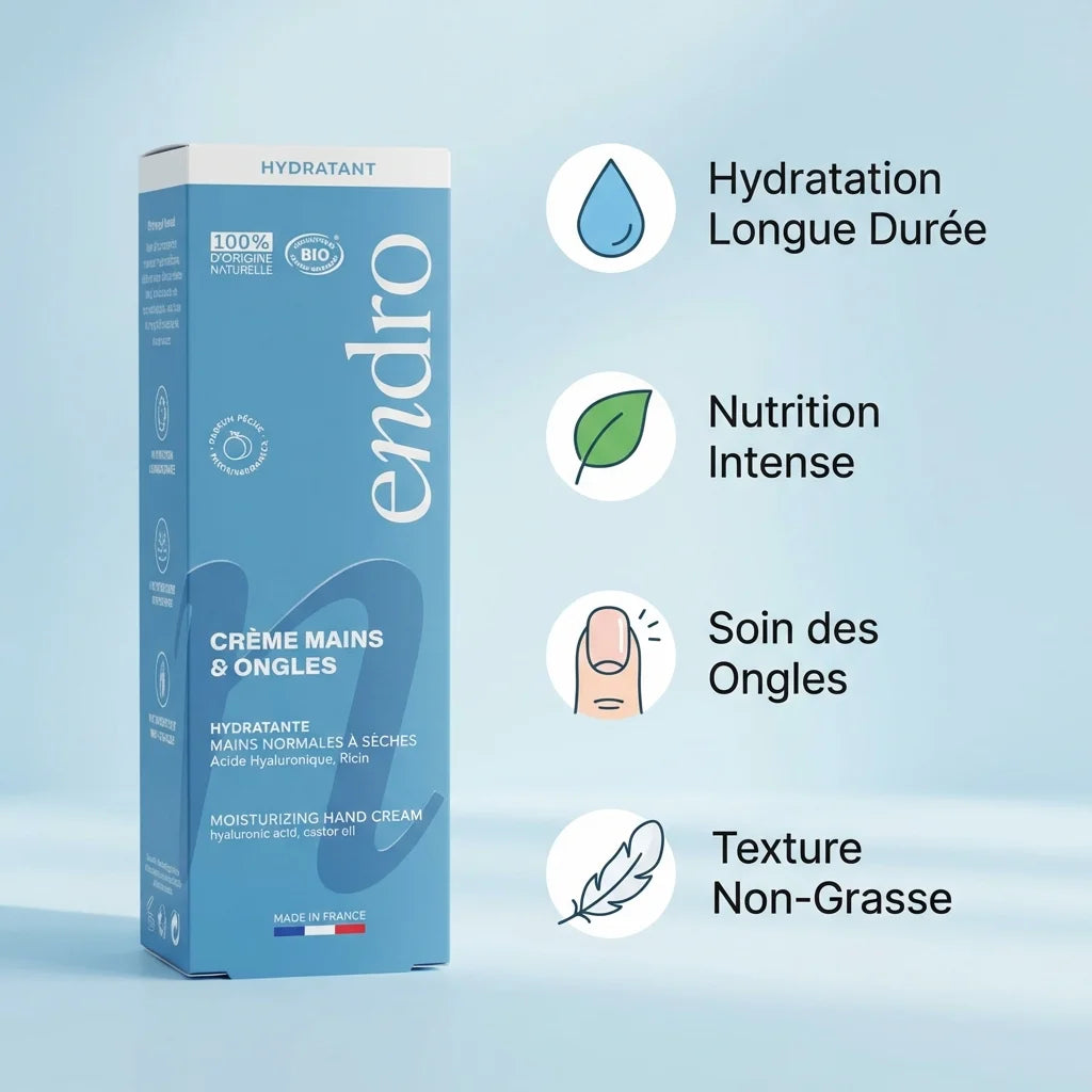 Crème hydratante mains Endro 50mL avec icônes bénéfices hydratation nutrition soin ongles