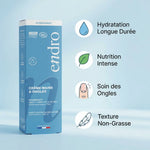 Crème hydratante mains Endro 50mL avec icônes bénéfices hydratation nutrition soin ongles