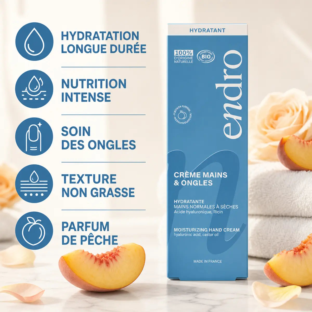 Crème hydratante mains ongles Endro 50mL - hydratation longue durée peaux sèches