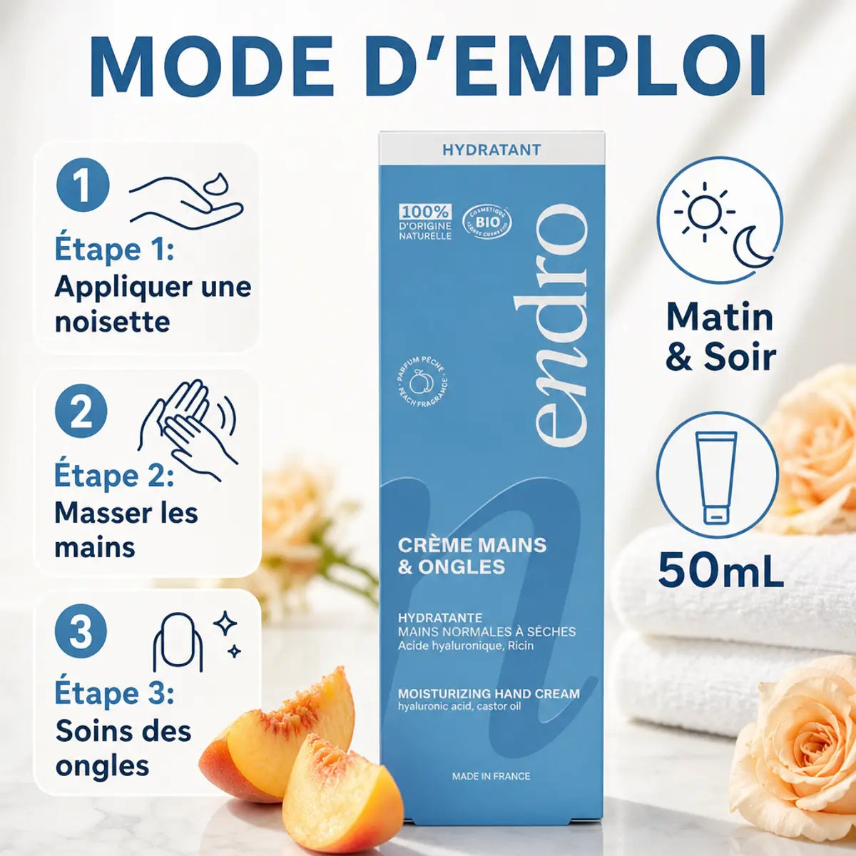 Crème hydratante mains Endro 50mL avec mode d'emploi et instructions d'application étape par étape