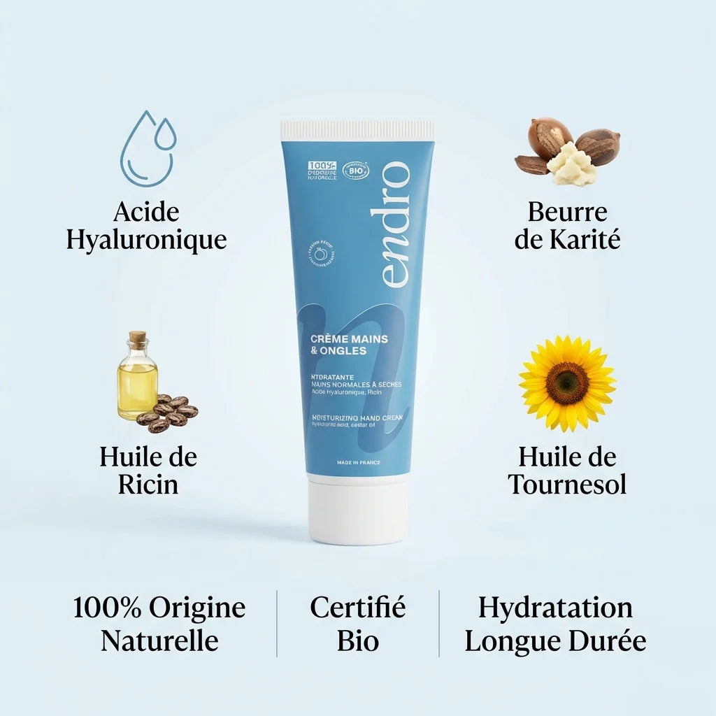 Crème hydratante mains Endro 50mL avec ingrédients naturels acide hyaluronique et beurre de karité