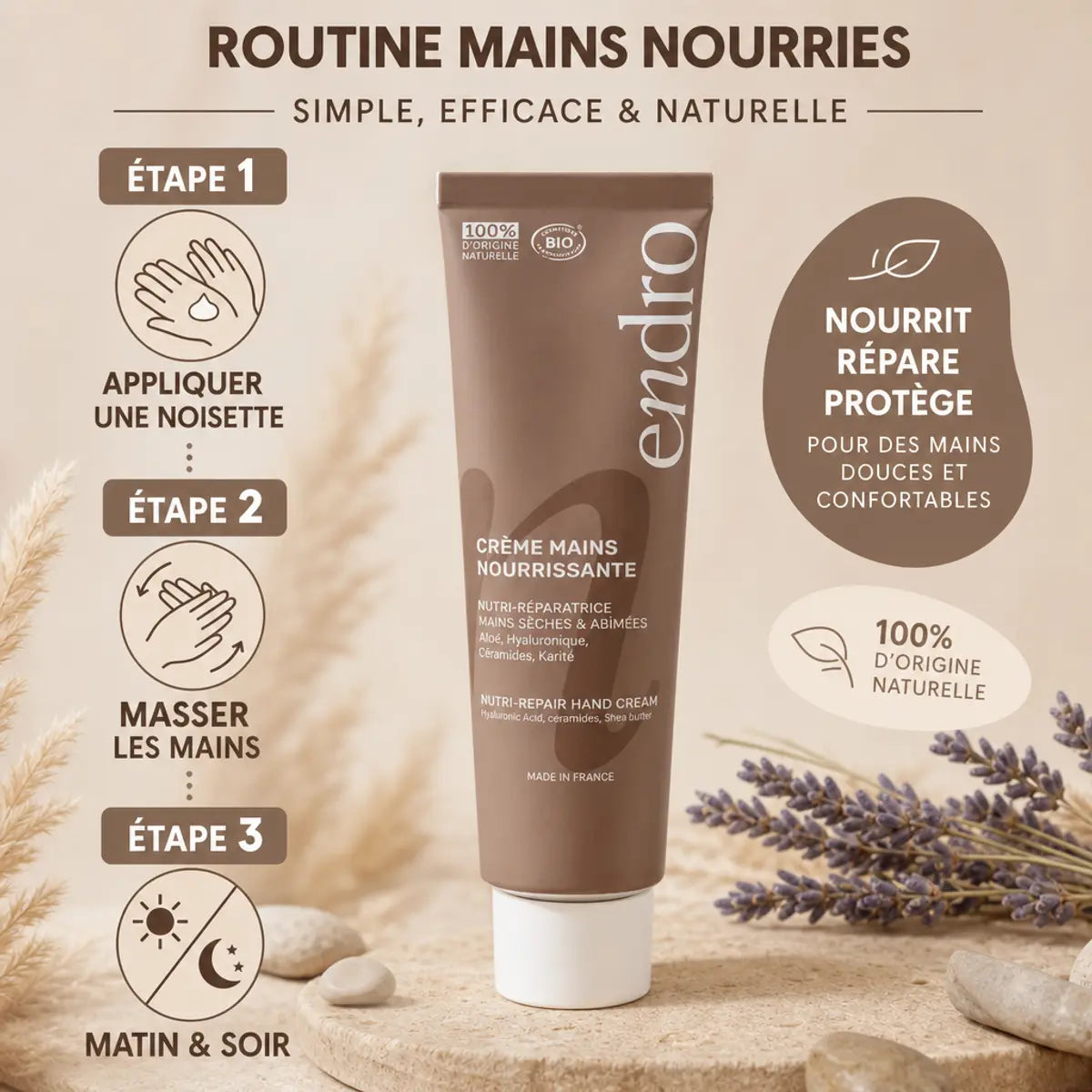 Crème hydratante mains Endro 50mL avec guide d'application en 3 étapes