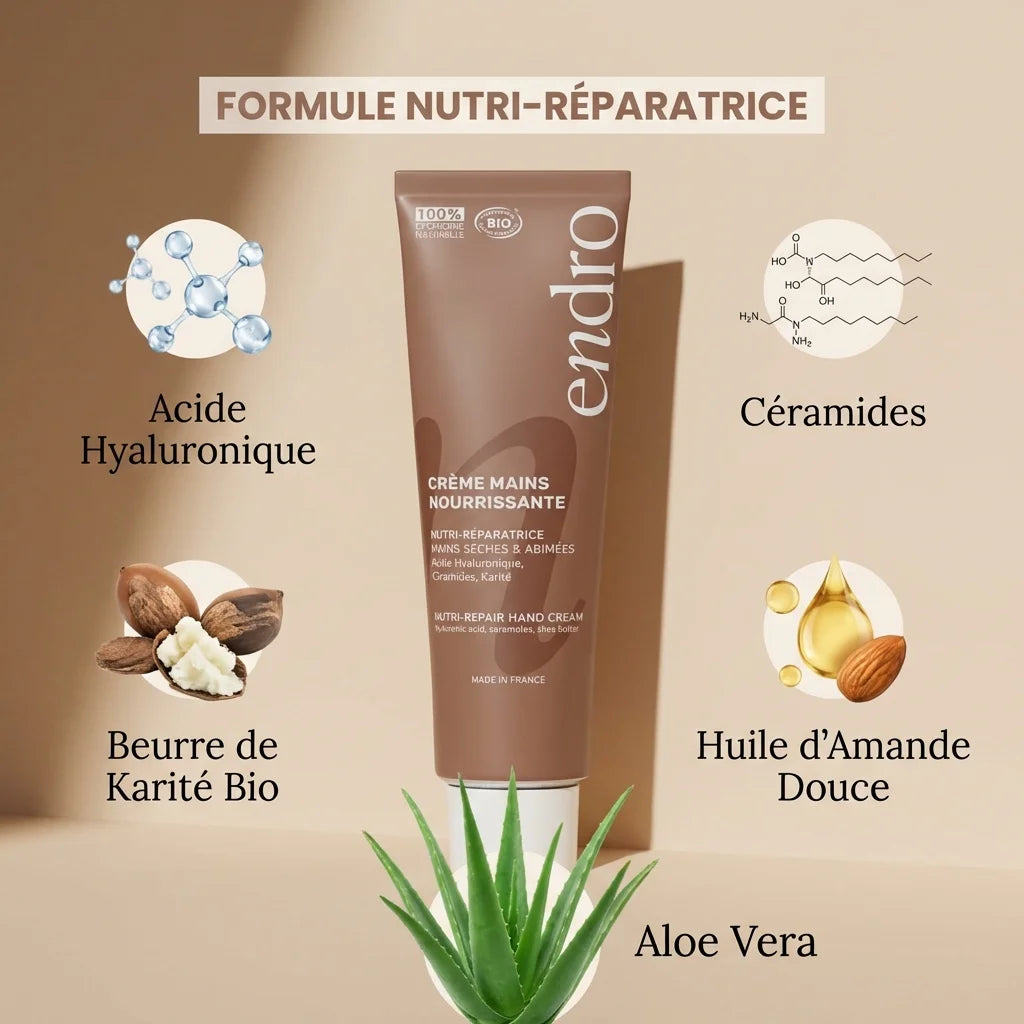 Crème hydratante mains Endro 50mL avec acide hyaluronique, céramides et beurre de karité bio