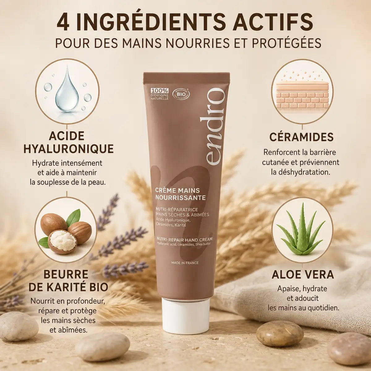 Crème hydratante mains Endro 50mL avec acide hyaluronique, céramides, beurre de karité et aloe vera