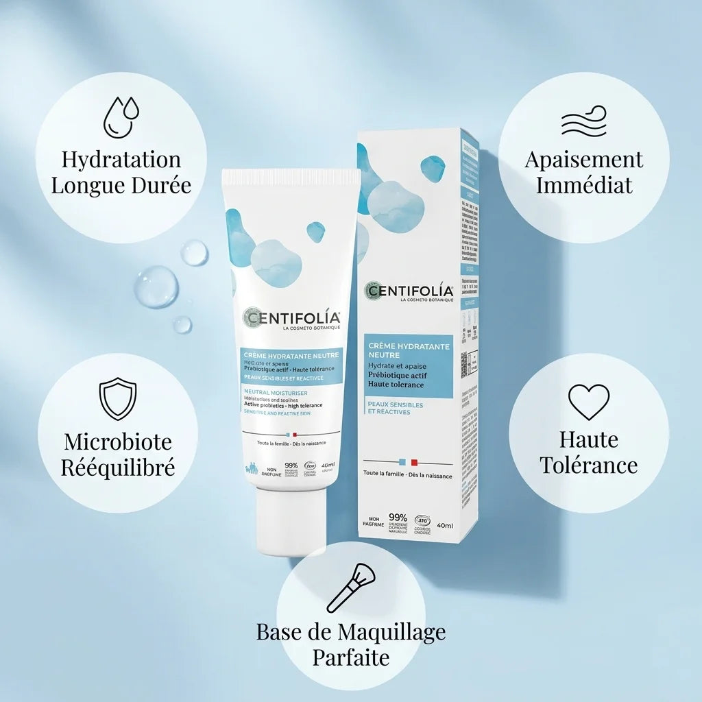 Crème Hydratante Neutre Centifolia 40ml avec ses 5 bénéfices : hydratation, apaisement, tolérance et base maquillage